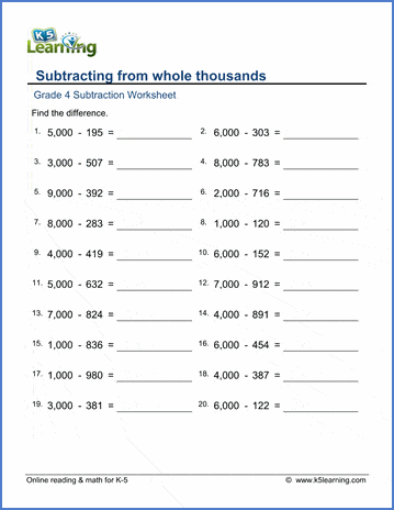 grade 4 subtraction worksheets free printable k5 learning