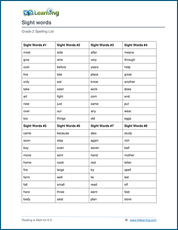 2nd grade spelling words list