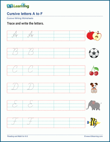 Cursive letters A-F worksheet