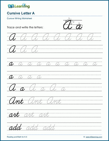 Cursive writing: Letter A worksheets | K5 Learning