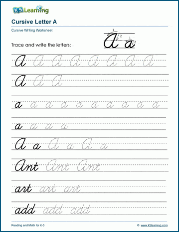 cursive writing letter a worksheets k5 learning