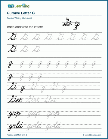 Cursive writing: Letter G worksheets | K5 Learning