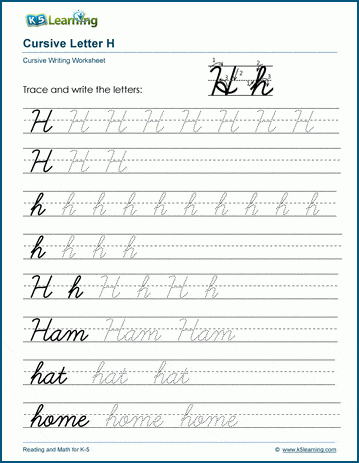 cursive writing letter h worksheets k5 learning