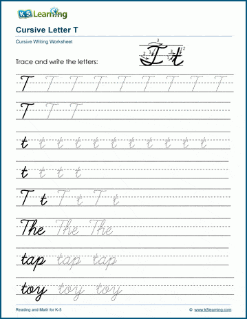 cursive writing letter t worksheets k5 learning