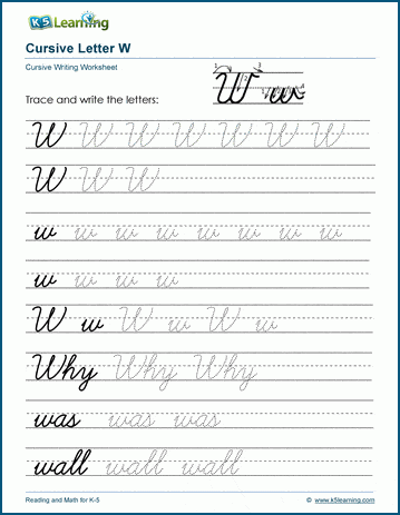 Cursive writing: Letter W worksheets | K5 Learning