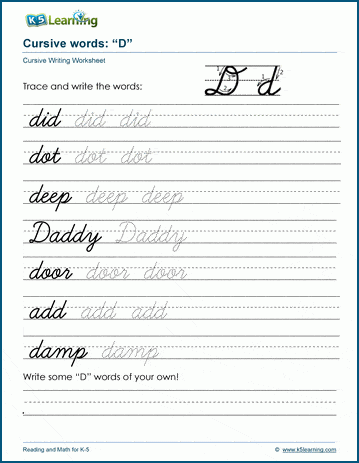 Cursive writing: Letter D worksheets