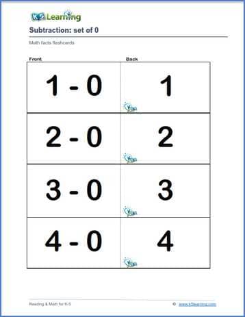 Flashcards: subtraction, set of 0 to 9