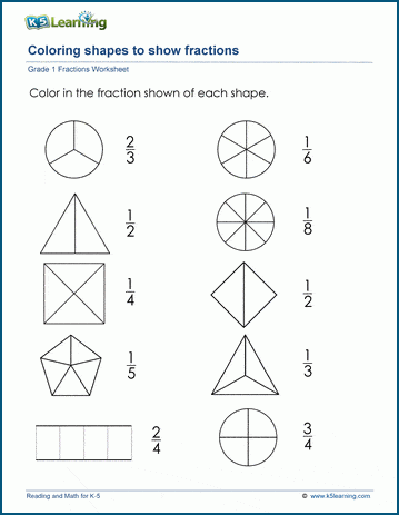 for math worksheets fractions 1 grade worksheets   Fractions of Learning shapes K5