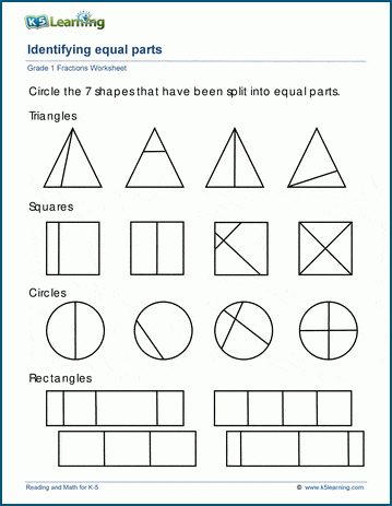 Equal parts worksheets for grade 1 | K5 Learning