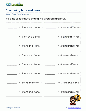 grade 1 place value worksheet combining tens and ones k5 learning