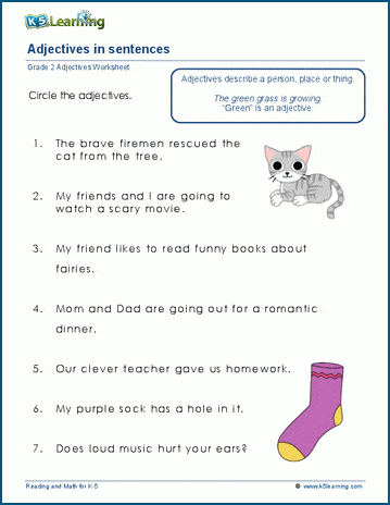 adjectives in sentences worksheets k5 learning