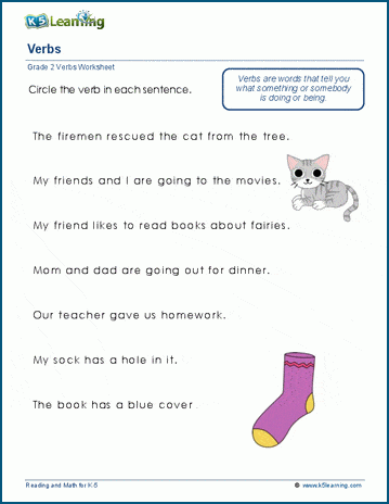 Grade 2 grammar worksheet on identifying verbs in sentences