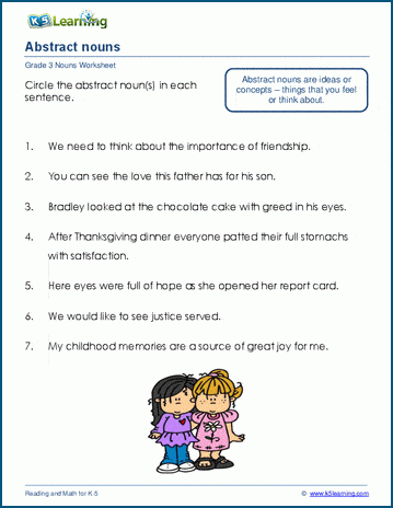 abstract nouns worksheet k5 learning - concrete and abstract nouns worksheet answers