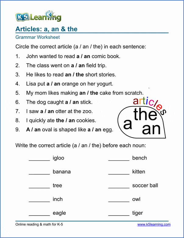 Article Worksheets for Elementary School - Printable & Free | K5 Learning