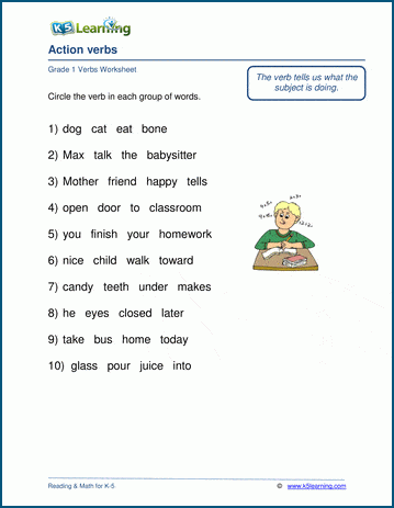 verbs worksheet action words k5 learning