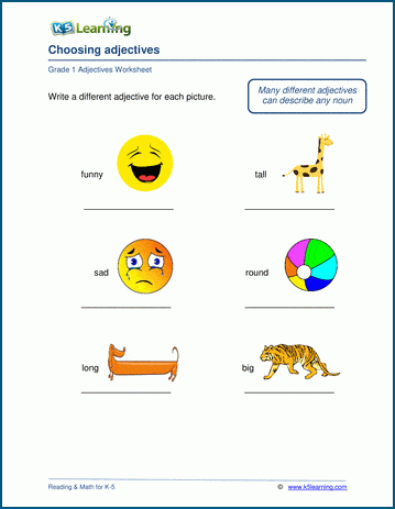 Choosing adjectives worksheets for grade 1