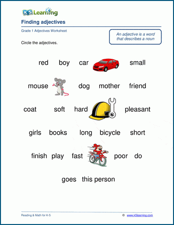 grade 1 adjectives worksheets k5 learning