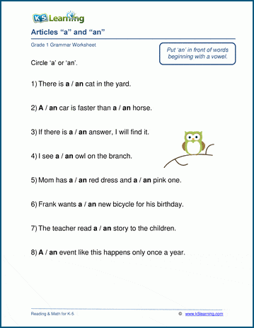 articles worksheets for grade 1