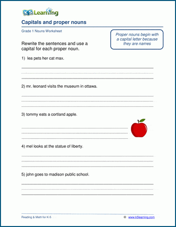 Grade 1 grammar worksheet on proper nouns and capital letters