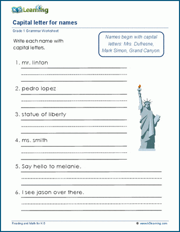 Grade 1 grammar worksheet on using capital letters in proper names