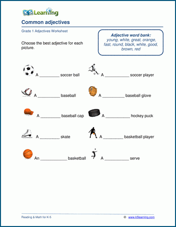 Common adjectives worksheets K5 Learning