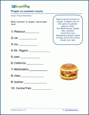 Common and proper nouns printable worksheets