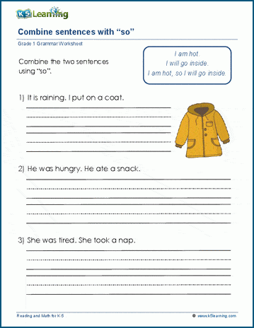 Combine sentences with "so" worksheet