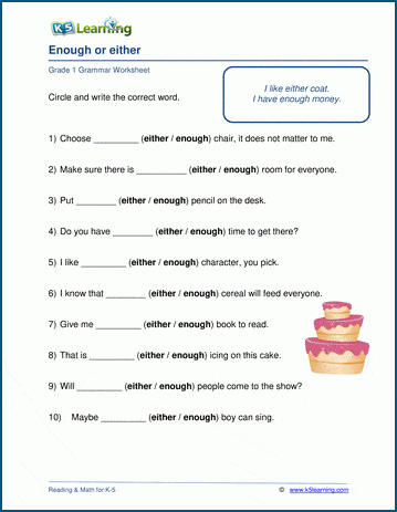 enough or either worksheets k5 learning