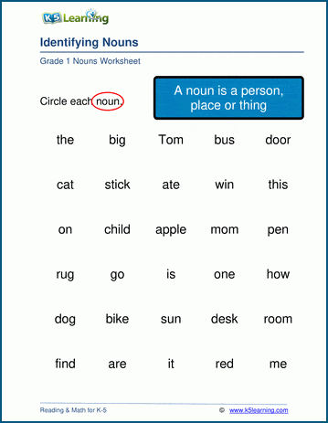 Identifying nouns worksheets for grade 1 | K5 Learning