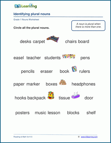 Plural nouns worksheets for grade 1 | K5 Learning