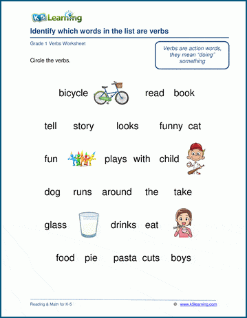 worksheets grade math 1 k5 worksheet   verbs Learning Indentifying K5