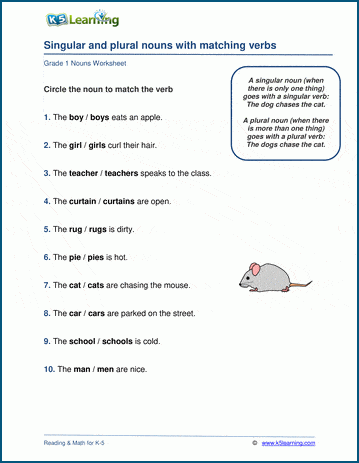 plural nouns and verbs worksheet k5 learning