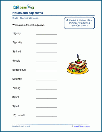 nouns and adjectives worksheets k5 learning