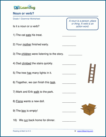 nouns verbs and adjectives worksheets for first grade