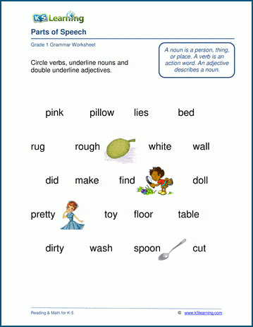 Nouns, verbs and adjectives worksheets | K5 Learning