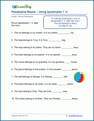 free worksheet nouns for 1 grade on Possessive Worksheets Nouns Learning  K5