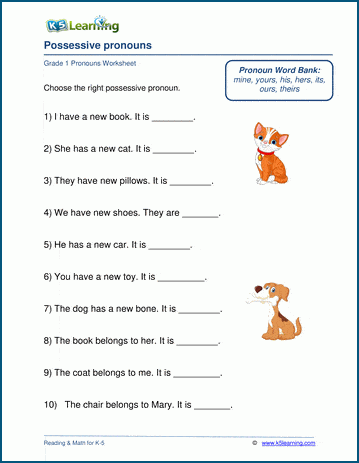 possessive pronouns worksheets k5 learning