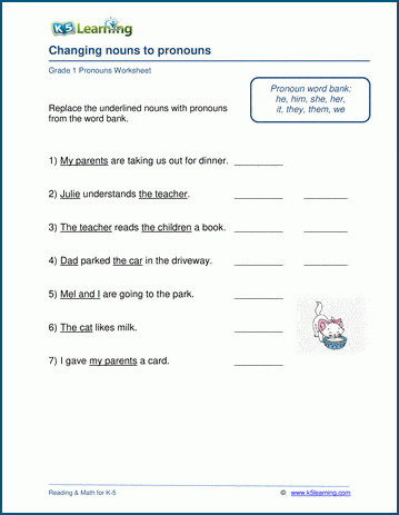 nouns to pronouns worksheets k5 learning