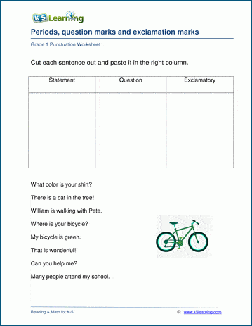 Categorize punctuation worksheets for grade 1