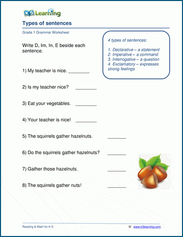 types of sentences worksheets for grade 1 k5 learning