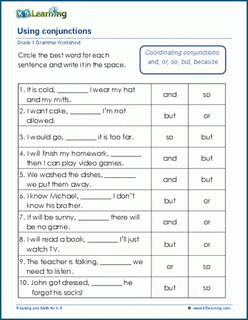 Using conjunctions worksheets for grade 1 | K5 Learning