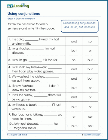 Coordinating Conjunctions Worksheets