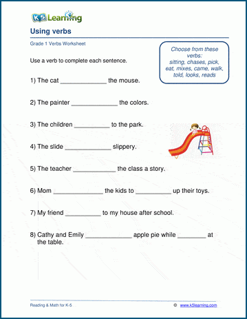 grade 1 verbs worksheets k5 learning