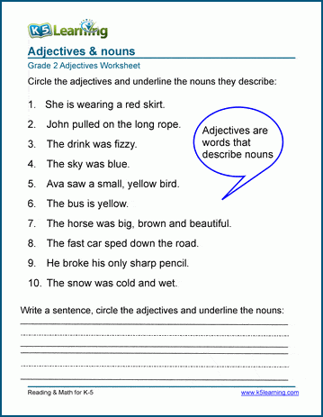 Adjectives And Nouns Worksheets For Grade 2 K5 Learning