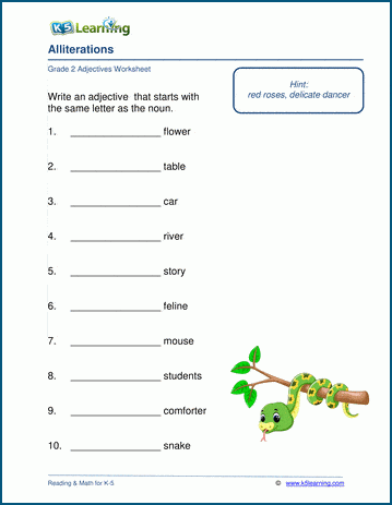 adjectives and alliterations worksheet k5 learning