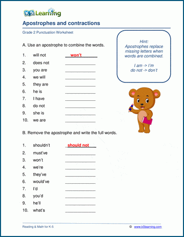apostrophes and contractions worksheets k5 learning
