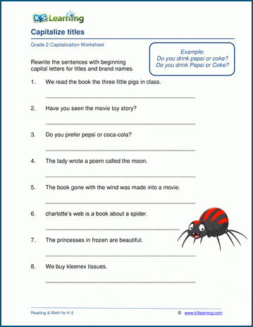 Grade 2 grammar worksheet on capitalizing titles