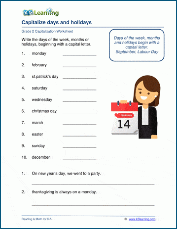 Capitalization Worksheets Days Months And Holidays K5 Learning