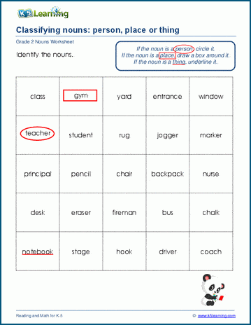 Grade 2 grammar worksheet on nouns as a person, place of thing