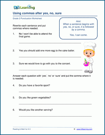 Punctuation Worksheets: Commas after Yes, No, Sure | K5 ...